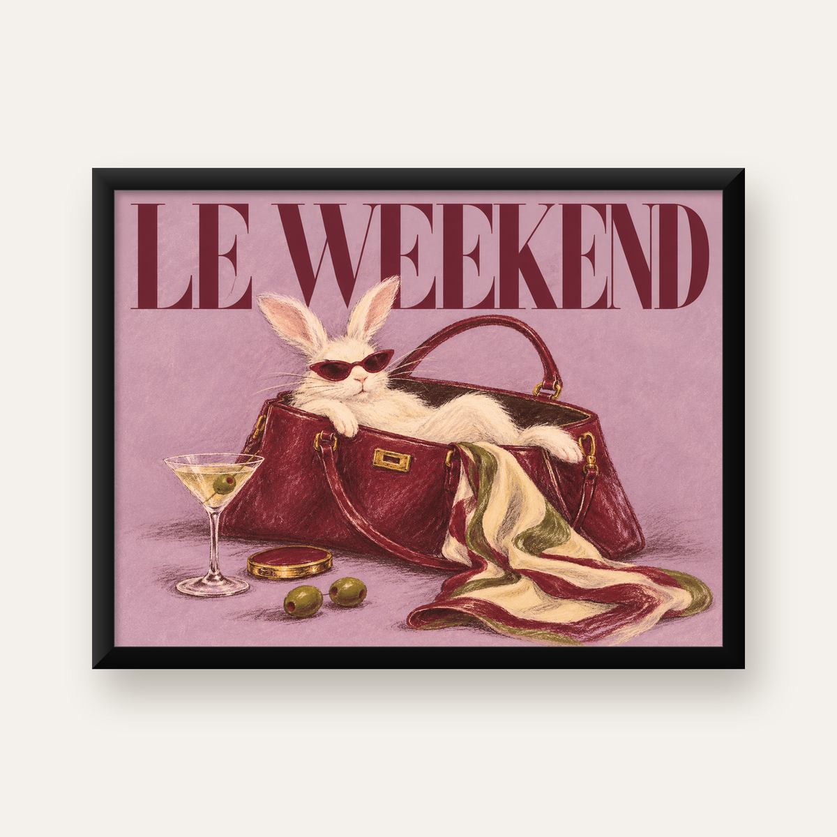 Sofistike Tavşan ve Le Weekend Pastel Poster, Çerçeveli — Yatay baskı, düz siyah çerçeveli duvar posteri