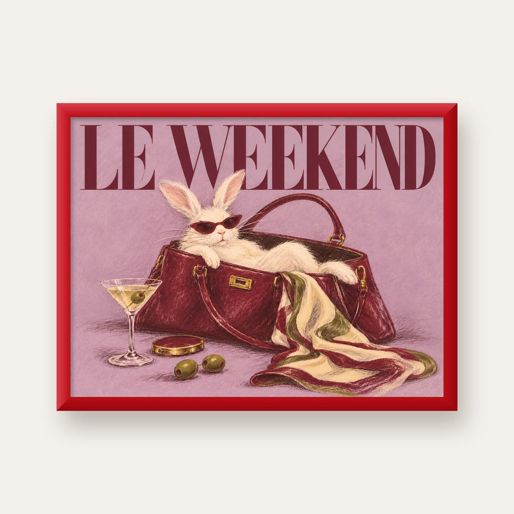 Sofistike Tavşan ve Le Weekend Pastel Poster — kırmızı çerçeveli
