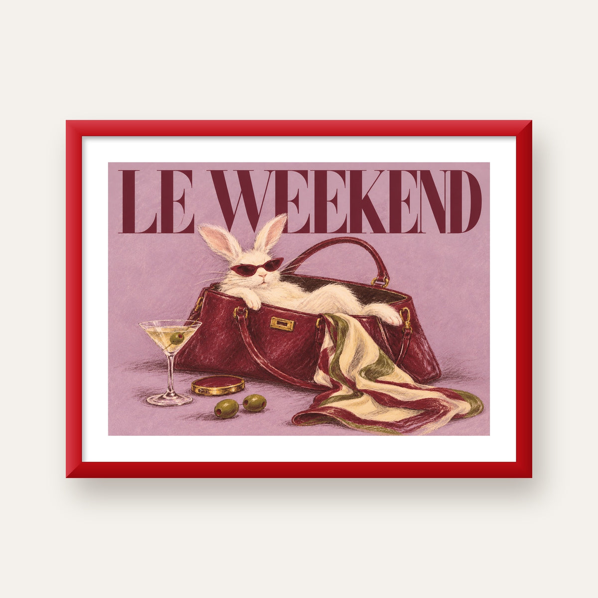 Sofistike Tavşan ve Le Weekend Pastel Poster — kırmızı çerçeveli paspartulu