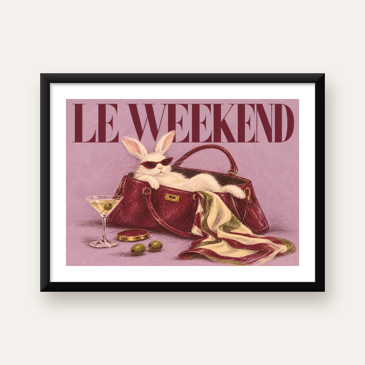 Sofistike Tavşan ve Le Weekend Pastel Poster, Çerçeveli — Yatay baskı, beyaz kenar boşluklu