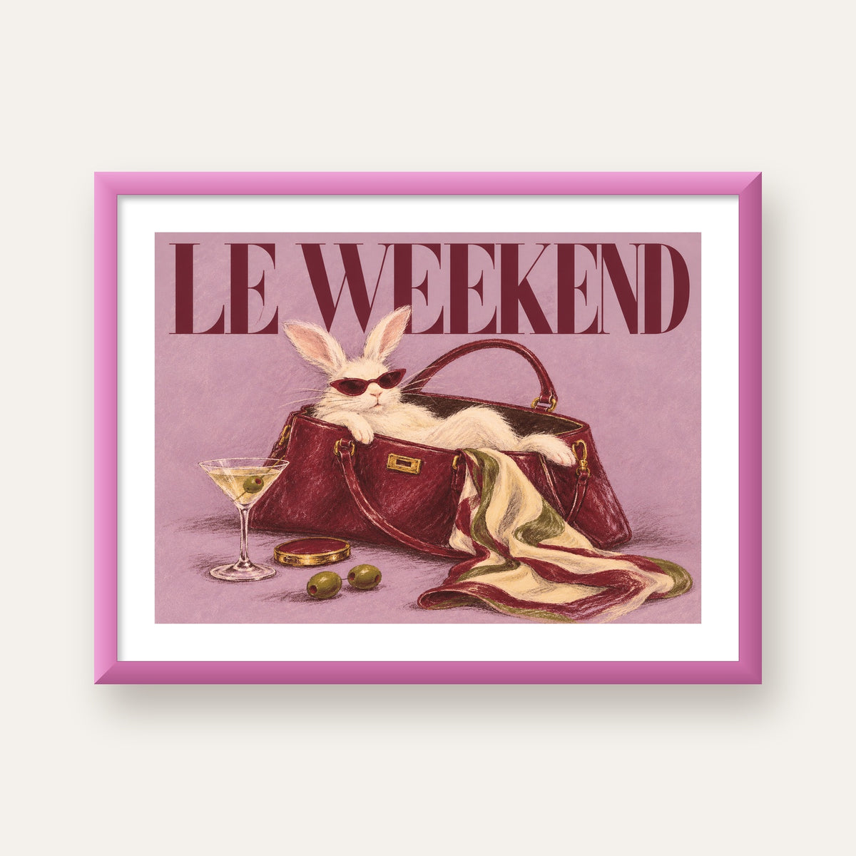 Sofistike Tavşan ve Le Weekend Pastel Poster — pembe çerçeveli paspartulu