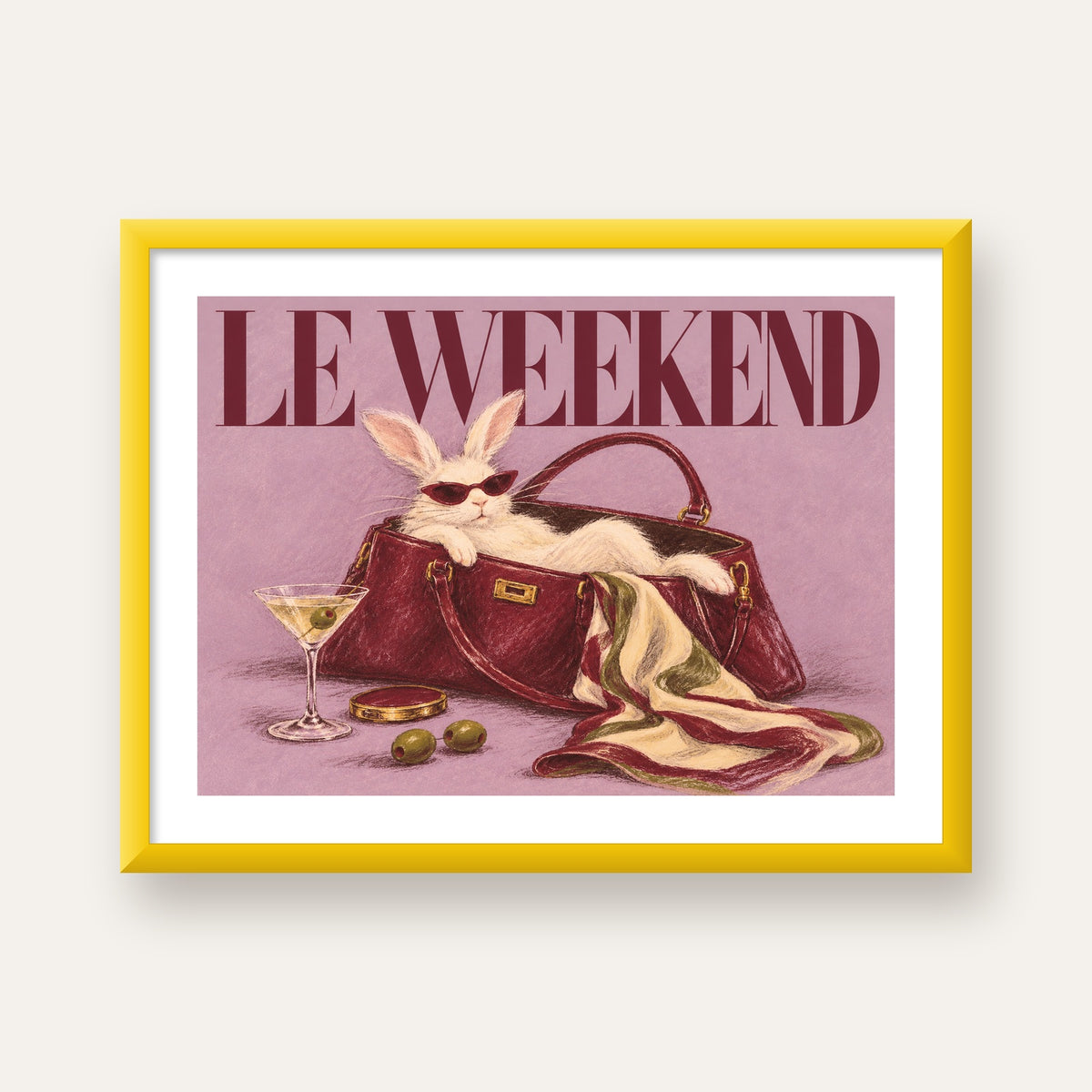 Sofistike Tavşan ve Le Weekend Pastel Poster — sarı çerçeveli paspartulu