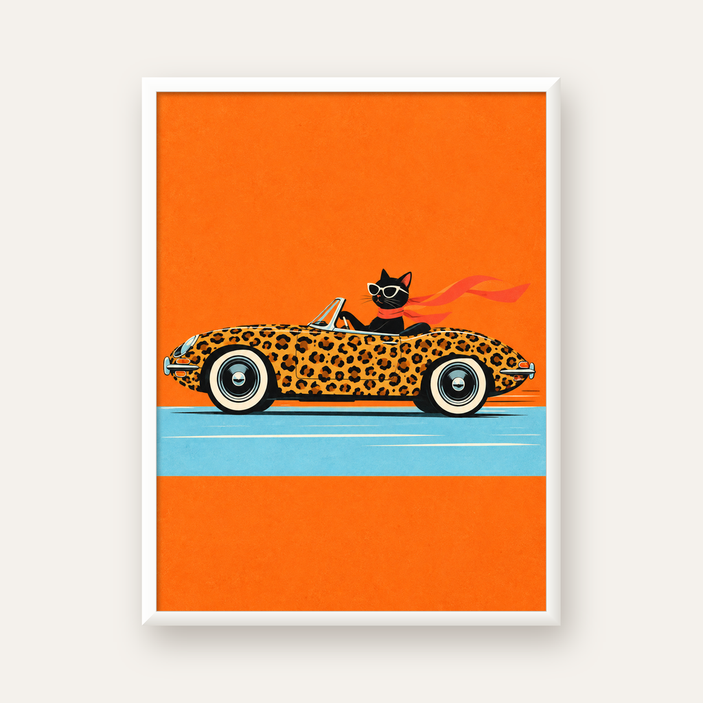 Leopar Arabalı Kara Kedi — beyaz çerçeveli dikey poster