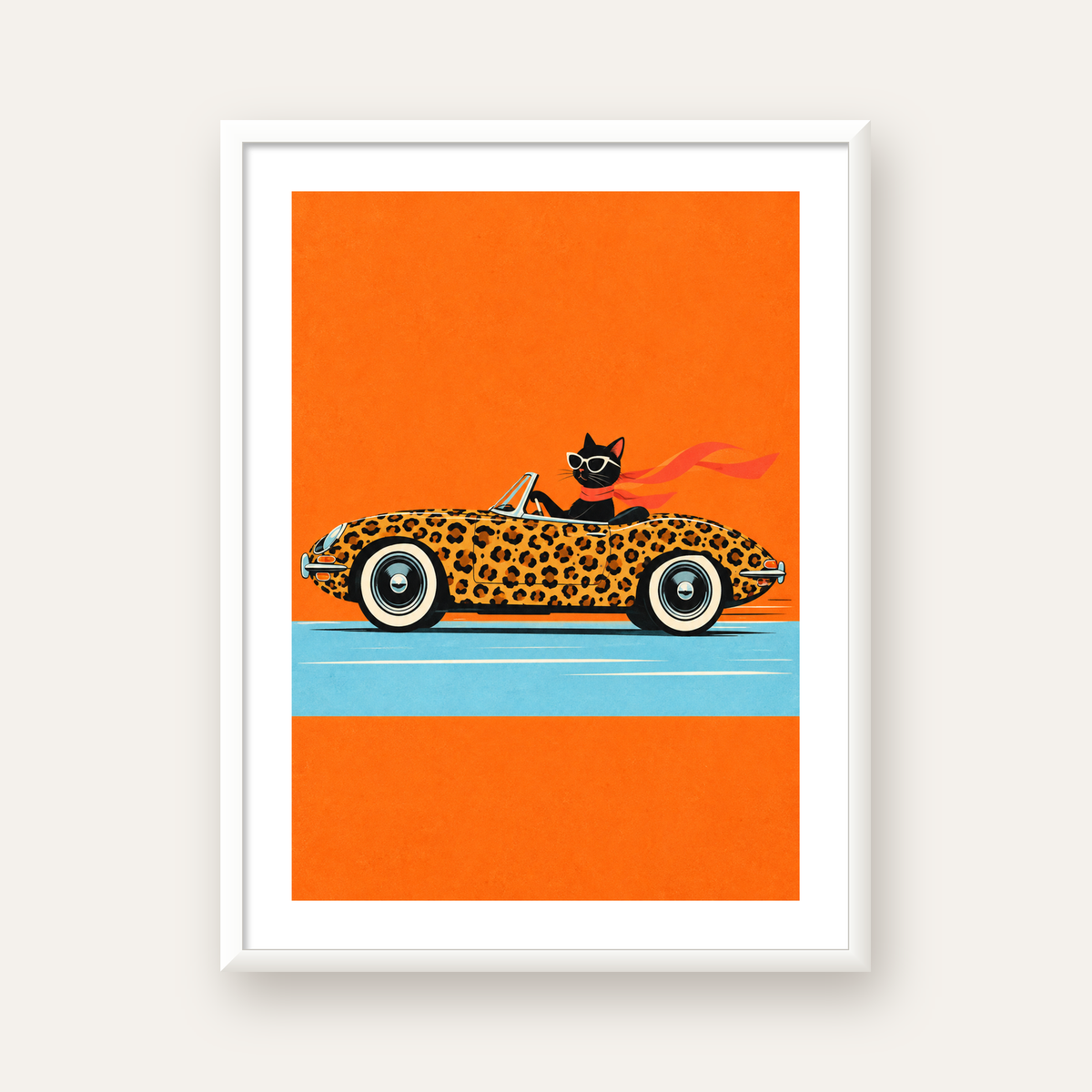 Leopar Arabalı Kara Kedi — beyaz çerçeveli dikey poster