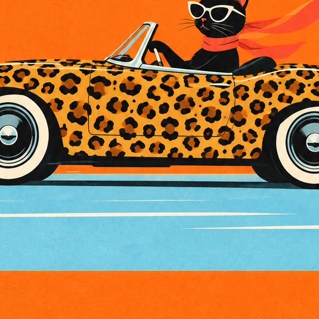 Leopar Desenli Araba ve Havalı Kedi Dijital Retro Poster — baskının yakın çekimi, kâğıt dokusu ve renk detayı