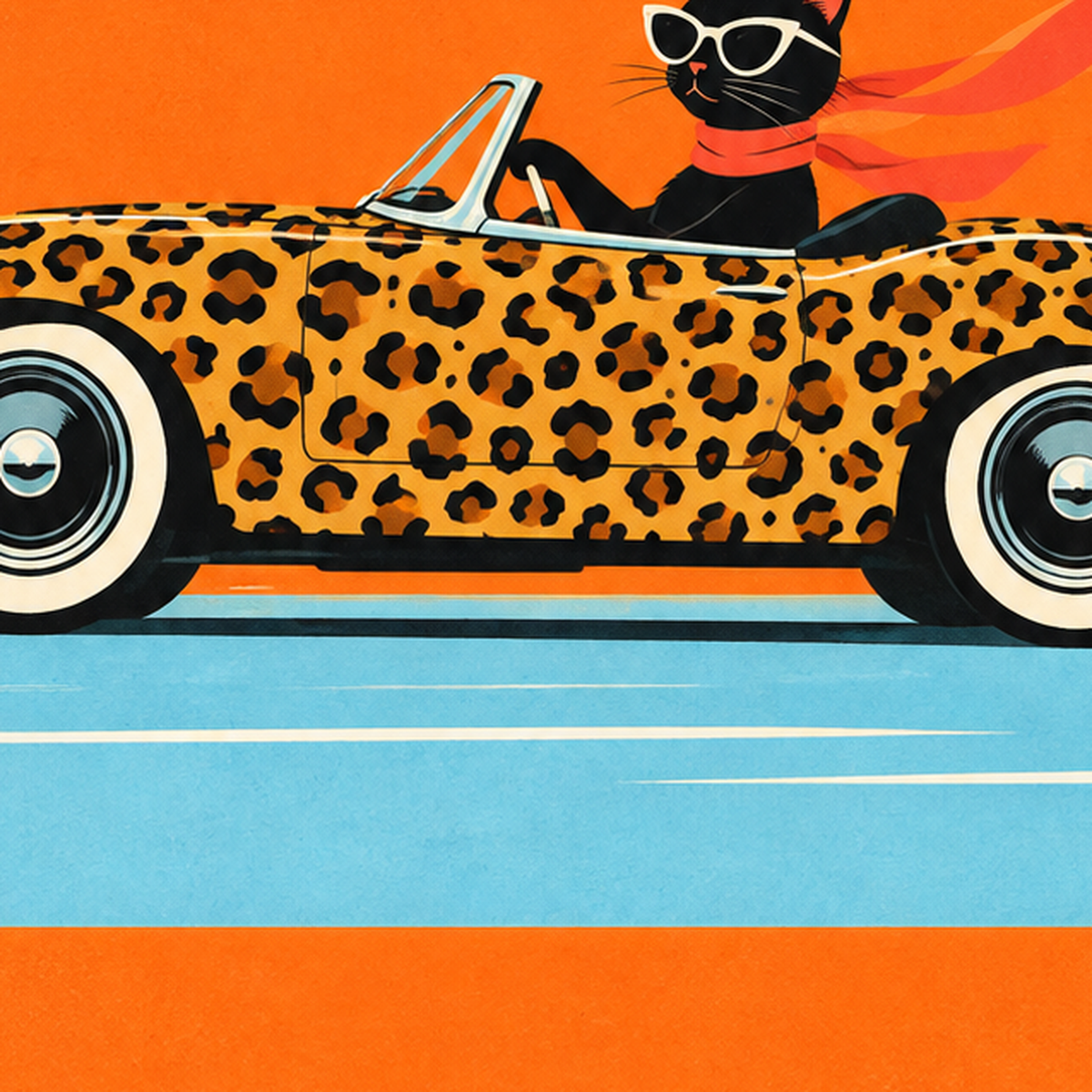 Leopar Desenli Araba ve Havalı Kedi Dijital Retro Poster — baskının yakın çekimi, kâğıt dokusu ve renk detayı