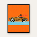 Leopar Desenli Araba ve Havalı Kedi Dijital Retro Poster — Dikey baskı, düz siyah çerçeveli duvar posteri