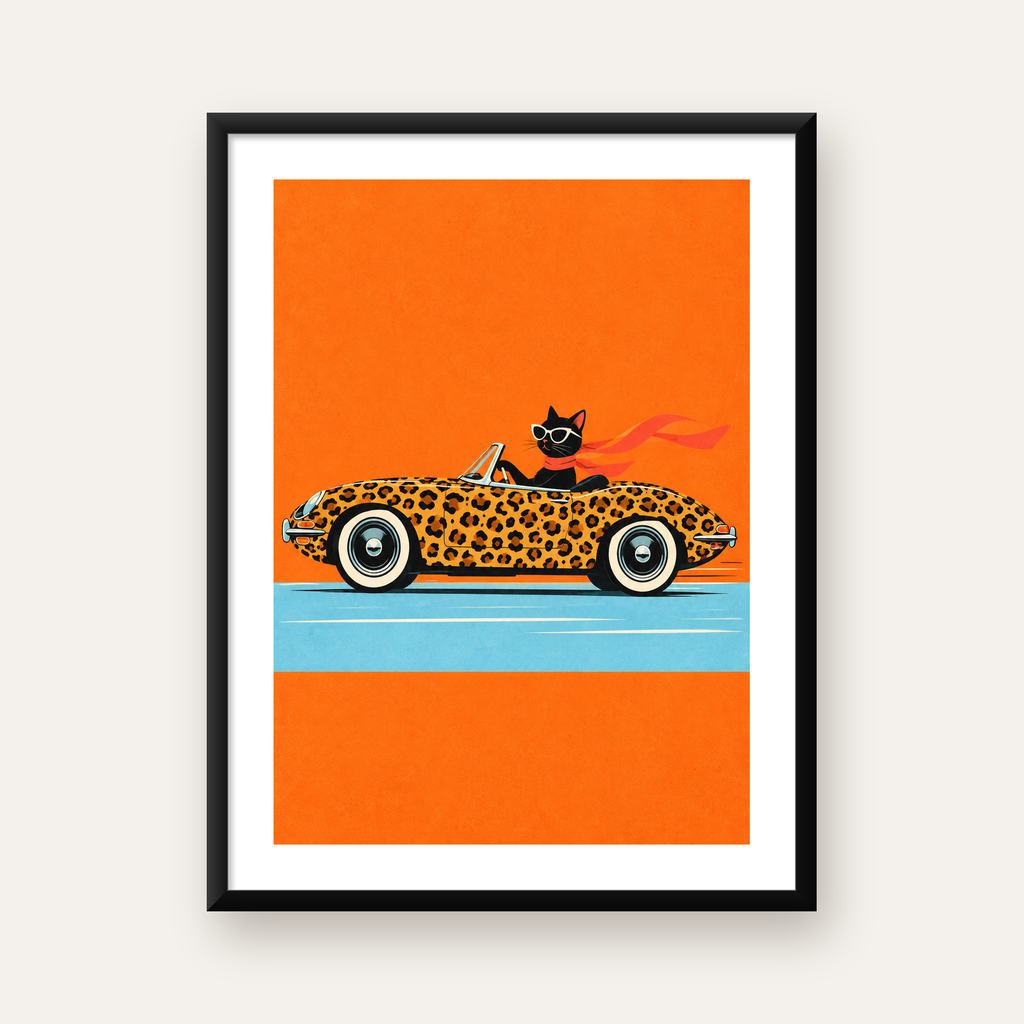 Leopar Desenli Araba ve Havalı Kedi Dijital Retro Poster — Dikey baskı, beyaz kenar boşluklu