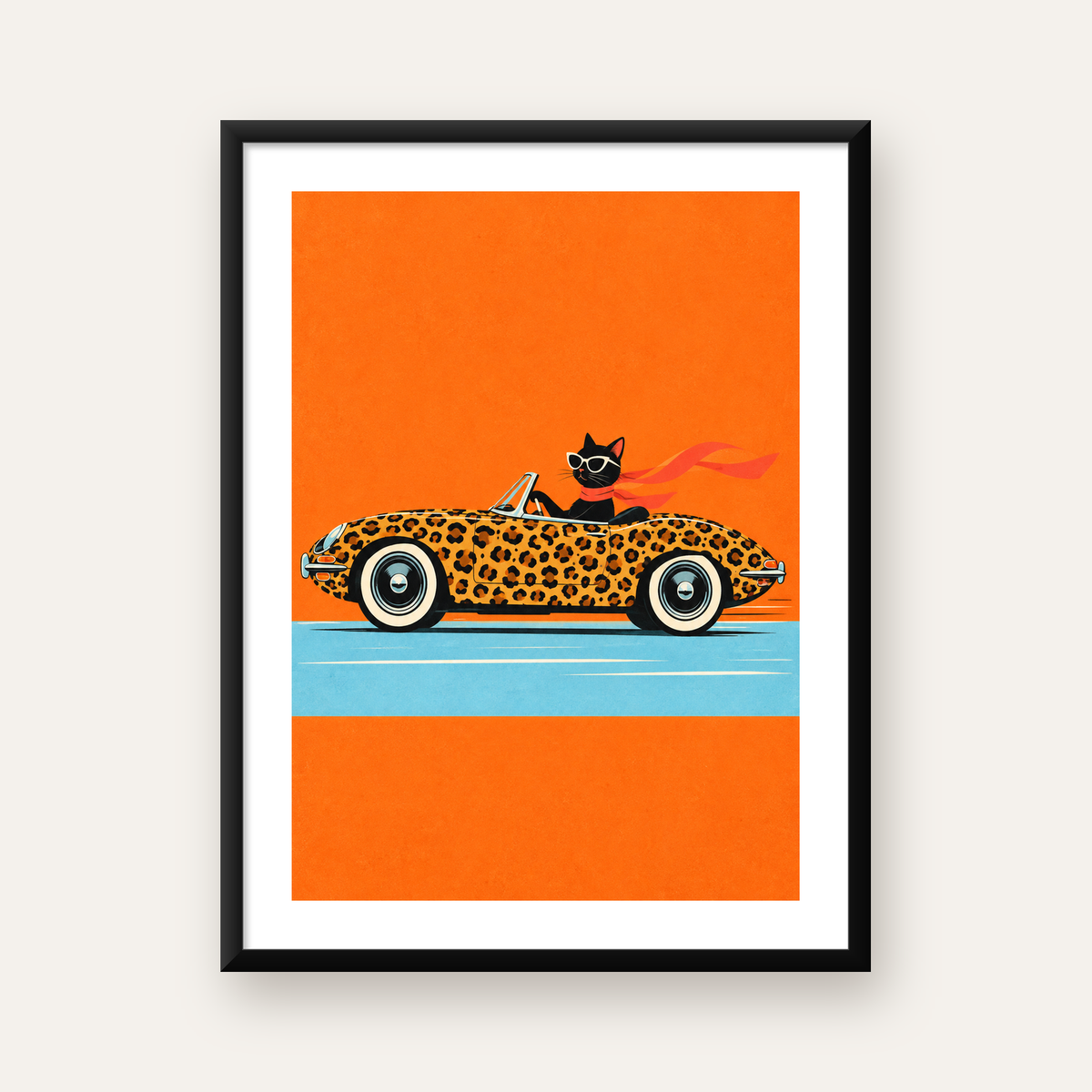 Leopar Desenli Araba ve Havalı Kedi Dijital Retro Poster — Dikey baskı, beyaz kenar boşluklu