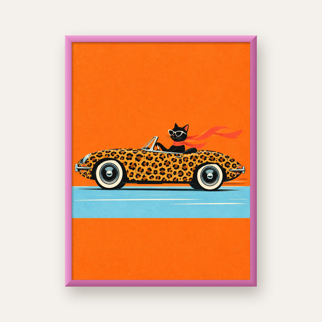 Leopar Arabalı Kara Kedi — pembe çerçeveli