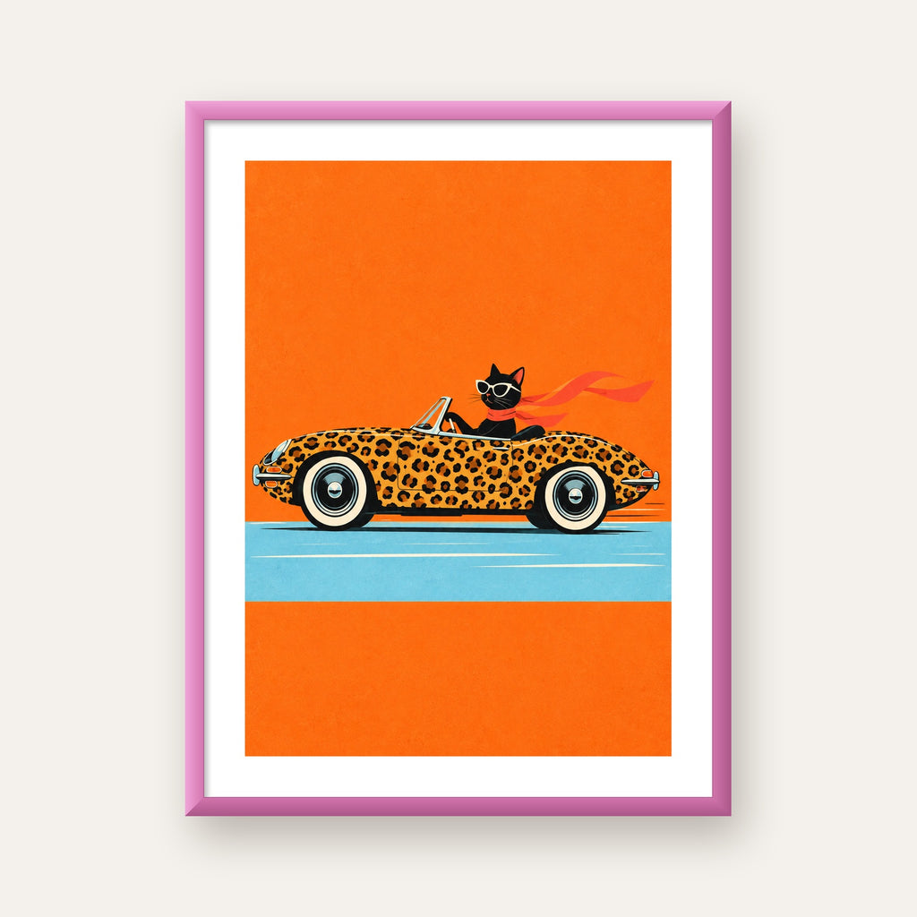 Leopar Arabalı Kara Kedi — pembe çerçeveli paspartulu