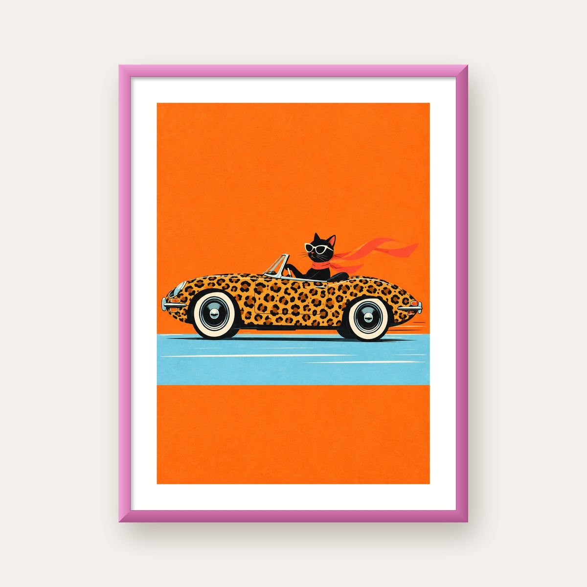 Leopar Arabalı Kara Kedi — pembe çerçeveli paspartulu