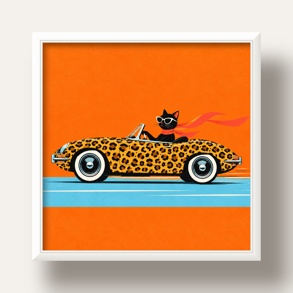 Leopar Arabalı Kara Kedi — beyaz derin çerçeveli