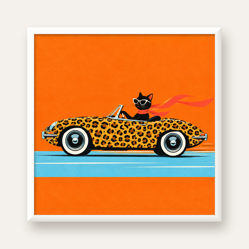 Leopar Arabalı Kara Kedi — beyaz çerçeveli kare poster
