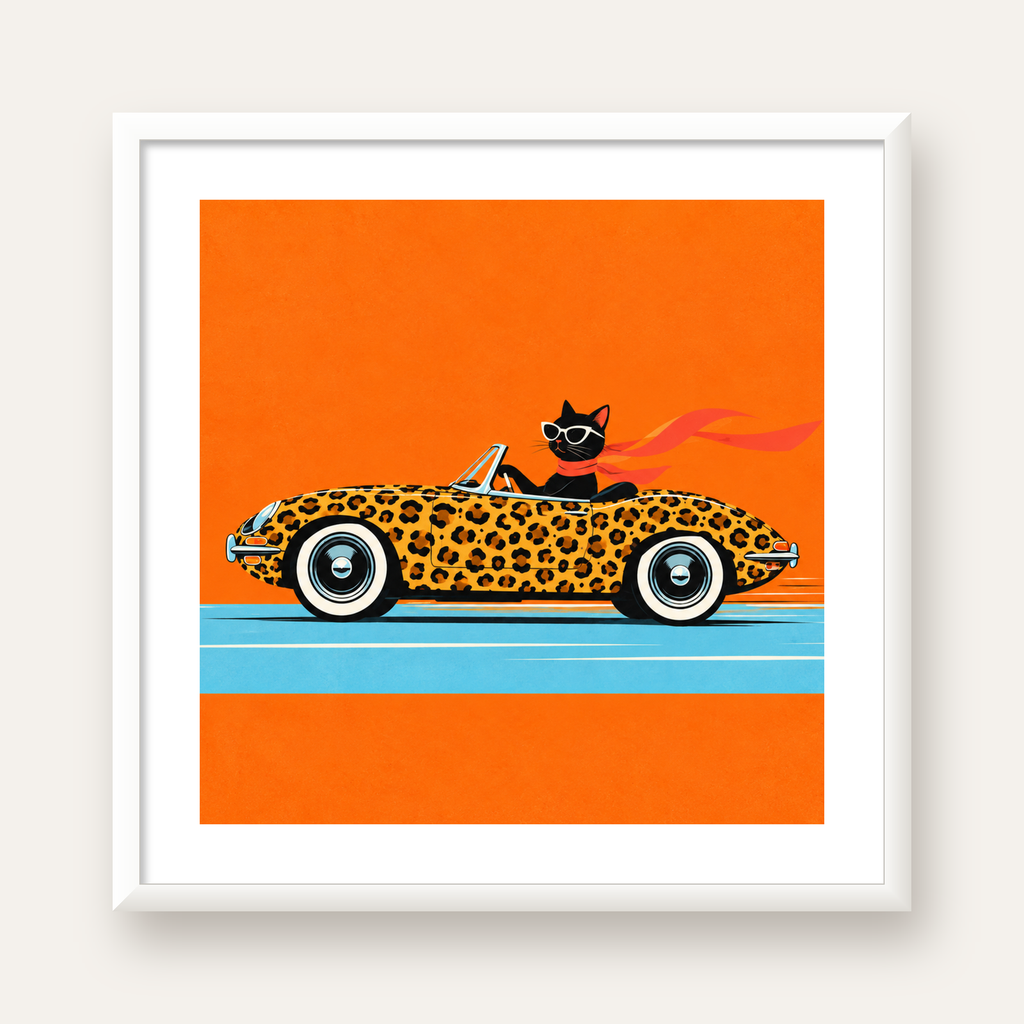 Leopar Arabalı Kara Kedi — beyaz çerçeveli kare poster