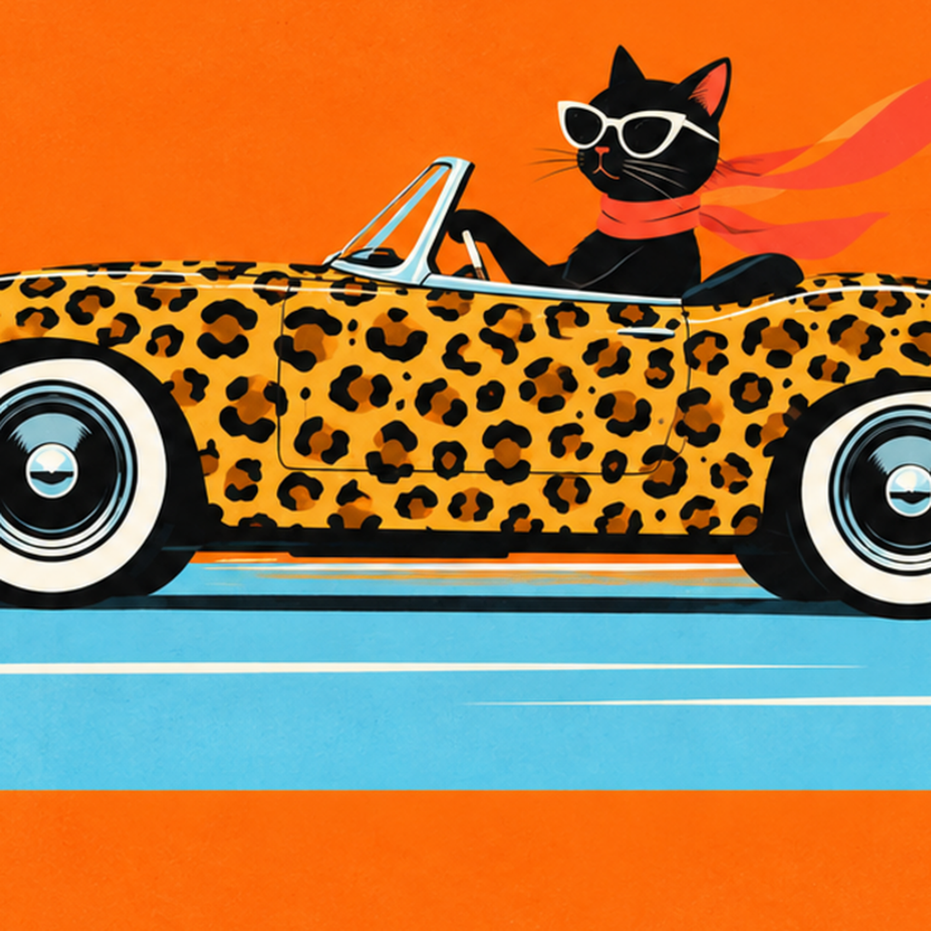 Leopar Desenli Araba ve Havalı Kedi Dijital Retro Poster — baskının yakın çekimi, kâğıt dokusu ve renk detayı