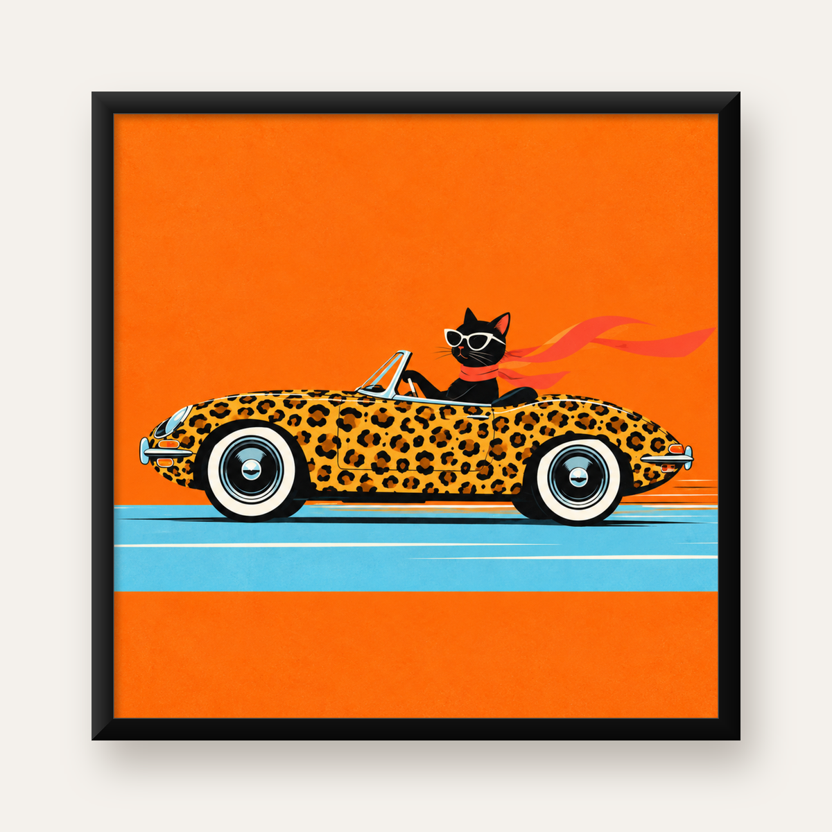 Leopar Desenli Araba ve Havalı Kedi Dijital Retro Poster — Kare baskı, düz siyah çerçeveli duvar posteri