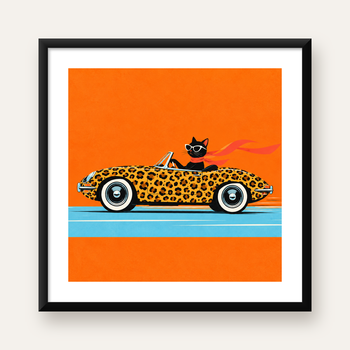 Leopar Desenli Araba ve Havalı Kedi Dijital Retro Poster — Kare baskı, beyaz kenar boşluklu