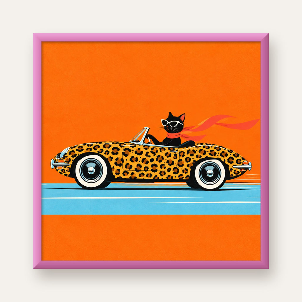 Leopar Arabalı Kara Kedi — pembe çerçeveli