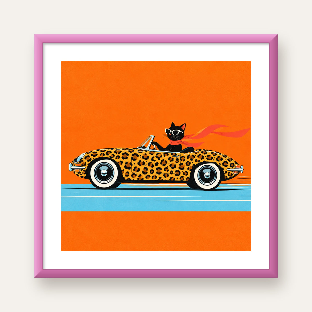 Leopar Arabalı Kara Kedi — pembe çerçeveli paspartulu