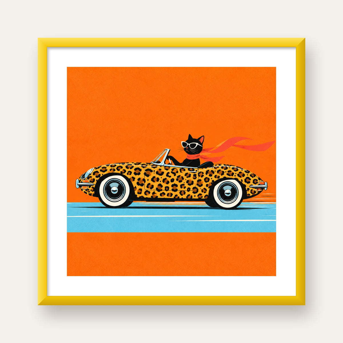 Leopar Arabalı Kara Kedi — sarı çerçeveli paspartulu