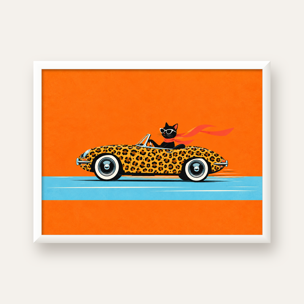 Leopar Arabalı Kara Kedi — beyaz çerçeveli yatay poster