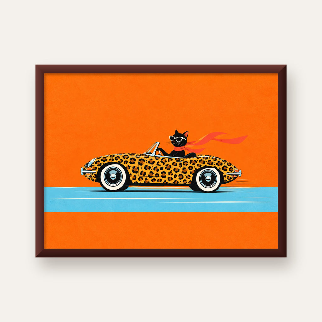 Leopar Arabalı Kara Kedi — ceviz çerçeveli