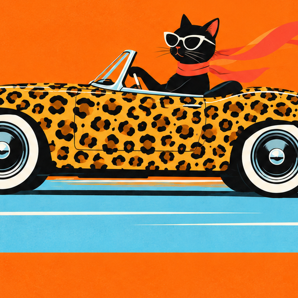 Leopar Desenli Araba ve Havalı Kedi Dijital Retro Poster — baskının yakın çekimi, kâğıt dokusu ve renk detayı