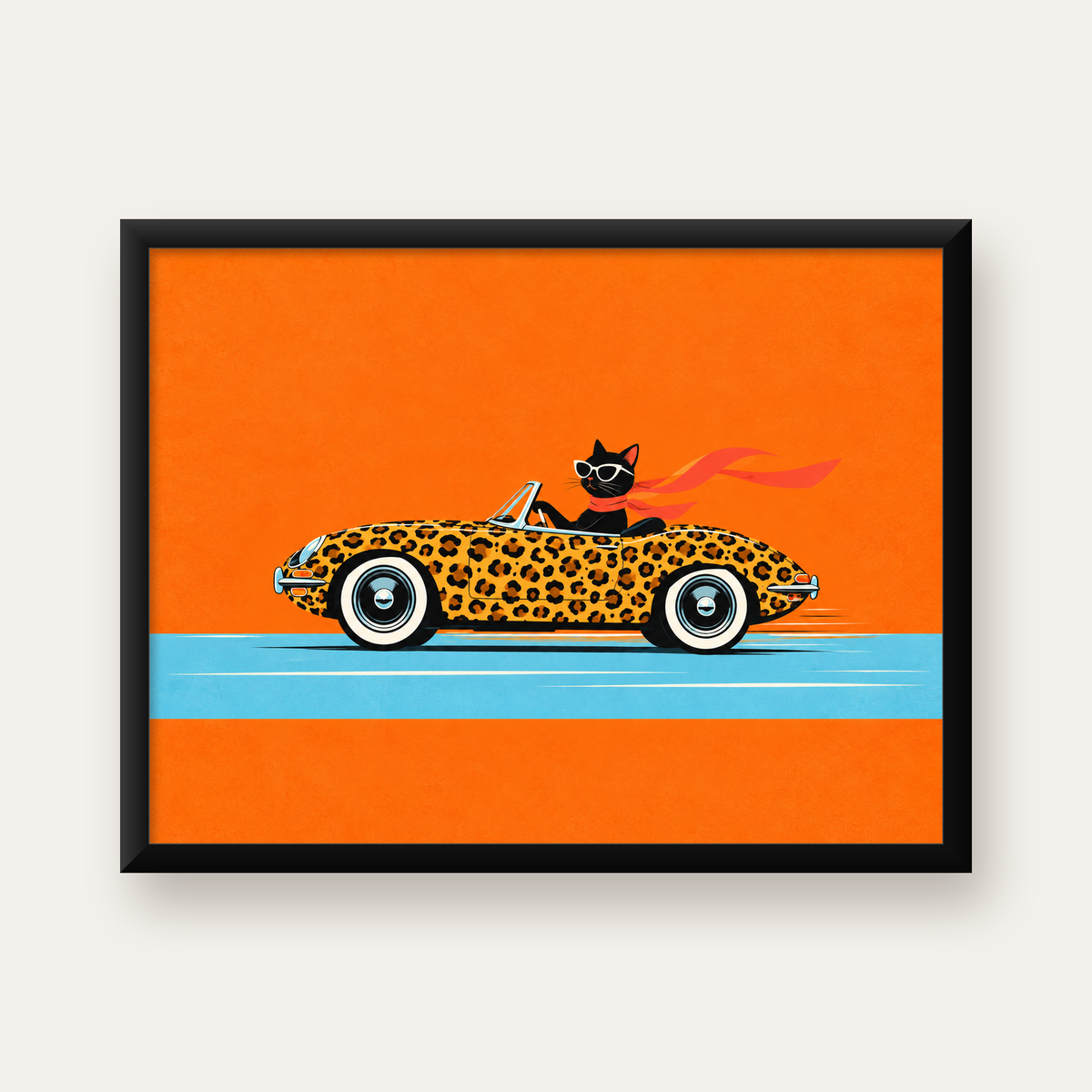 Leopar Desenli Araba ve Havalı Kedi Dijital Retro Poster — Yatay baskı, düz siyah çerçeveli duvar posteri