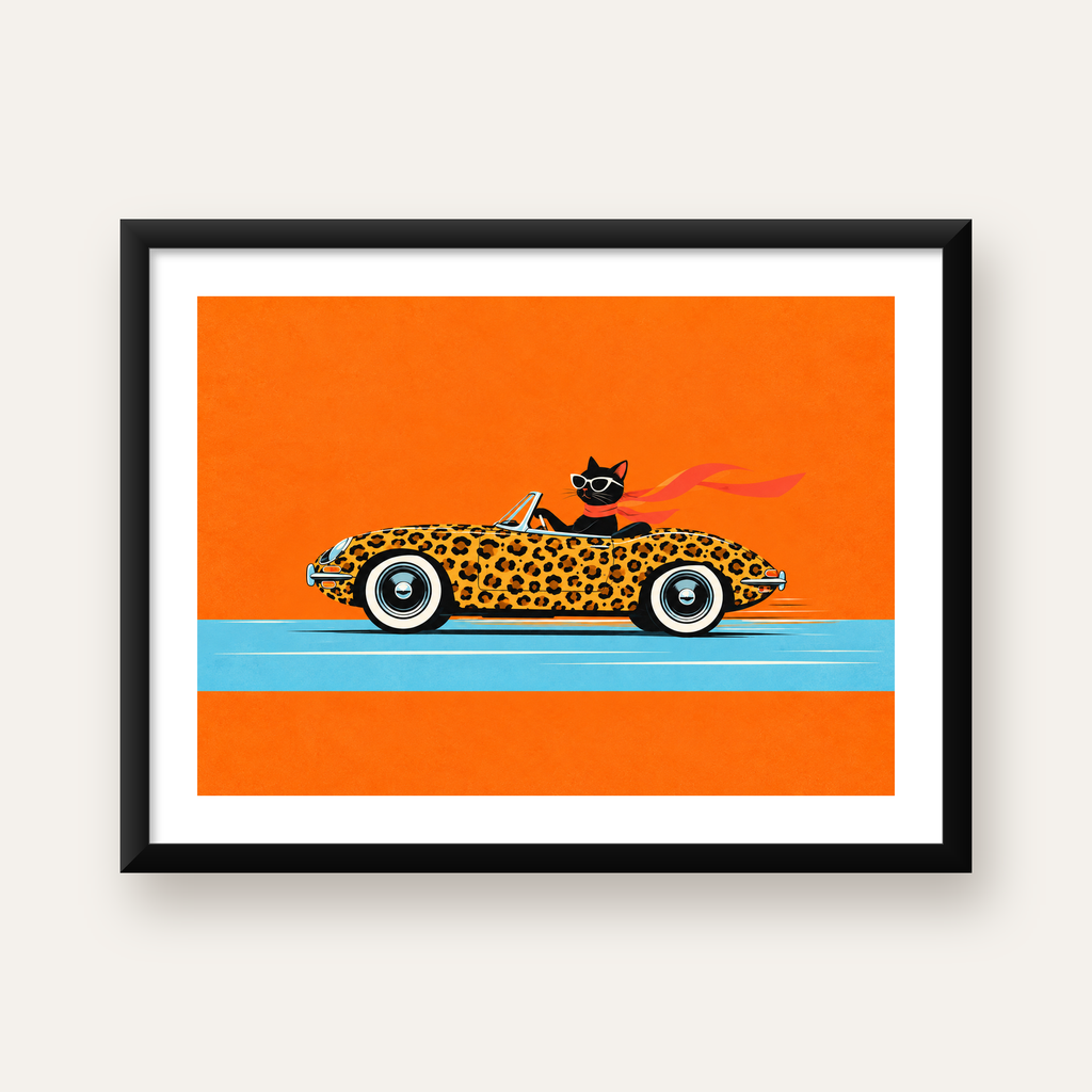 Leopar Desenli Araba ve Havalı Kedi Dijital Retro Poster — Yatay baskı, beyaz kenar boşluklu