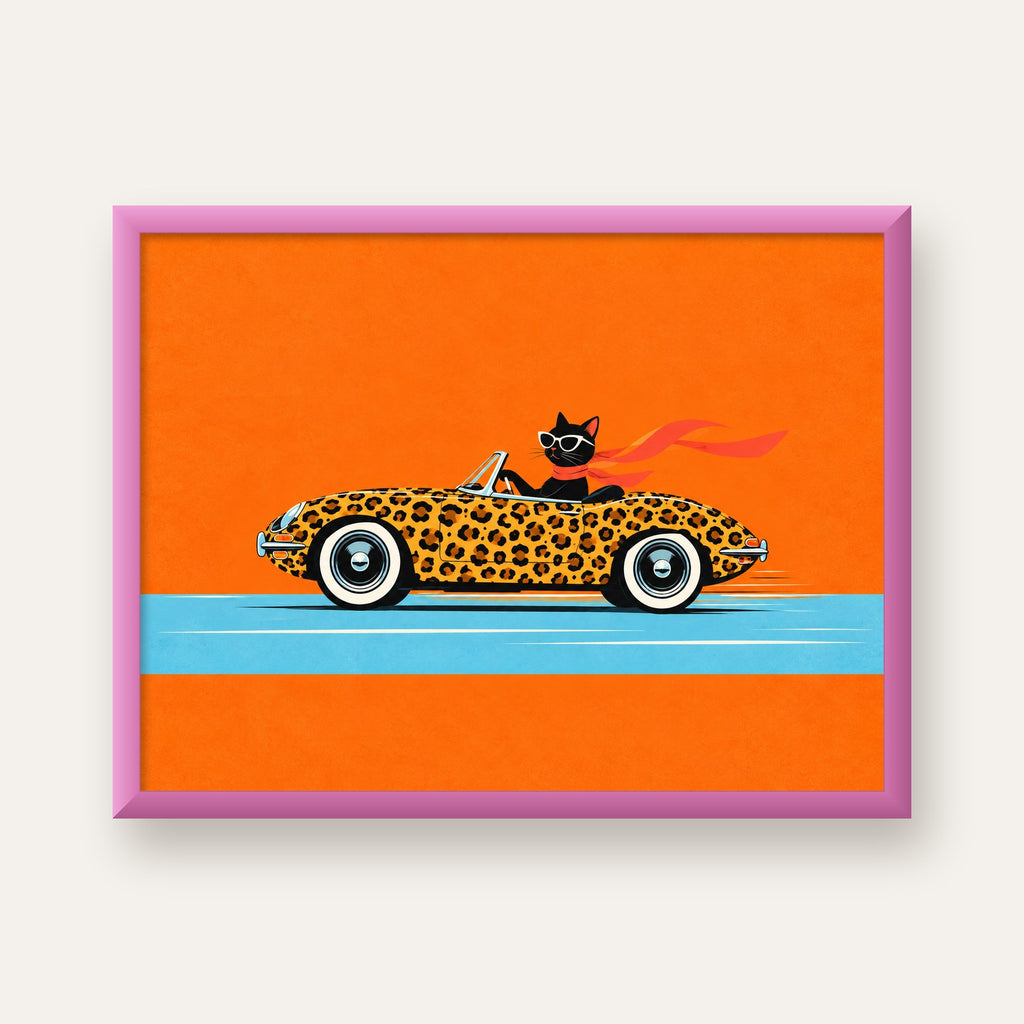 Leopar Arabalı Kara Kedi — pembe çerçeveli