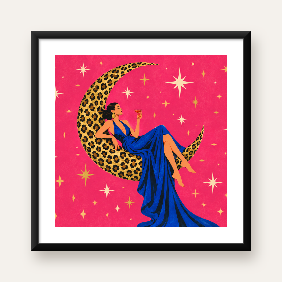 Leopar Desenli Ay ve Kadın Figürlü Sanatsal Poster — Kare baskı, beyaz kenar boşluklu