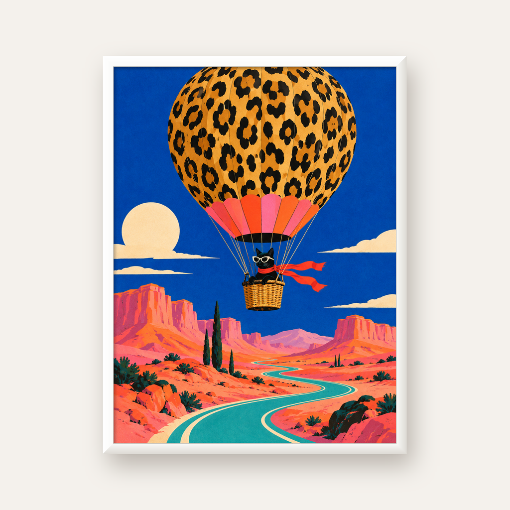 Leopar Balonla Uçan Kara Kedi — beyaz çerçeveli dikey poster