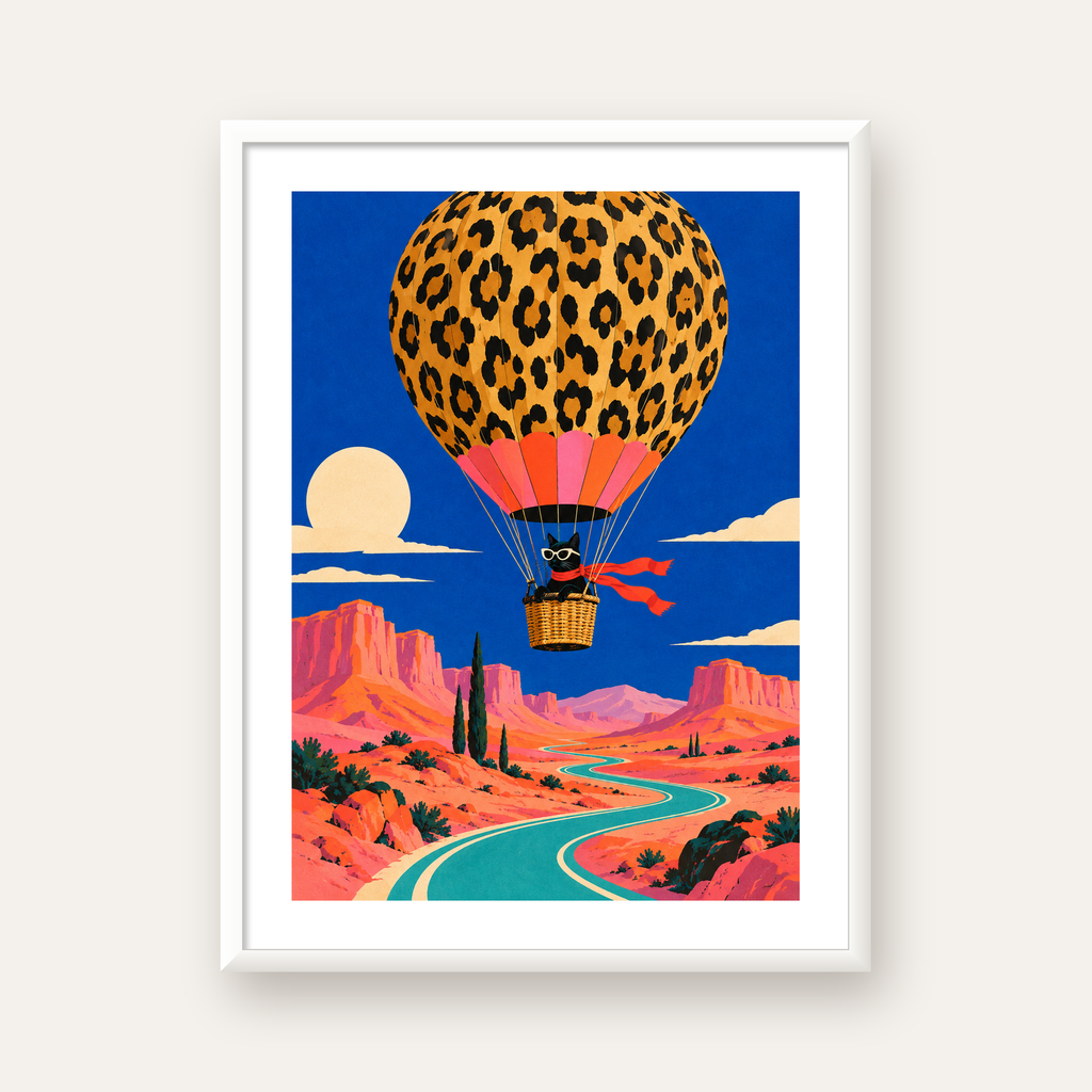 Leopar Balonla Uçan Kara Kedi — beyaz çerçeveli dikey poster
