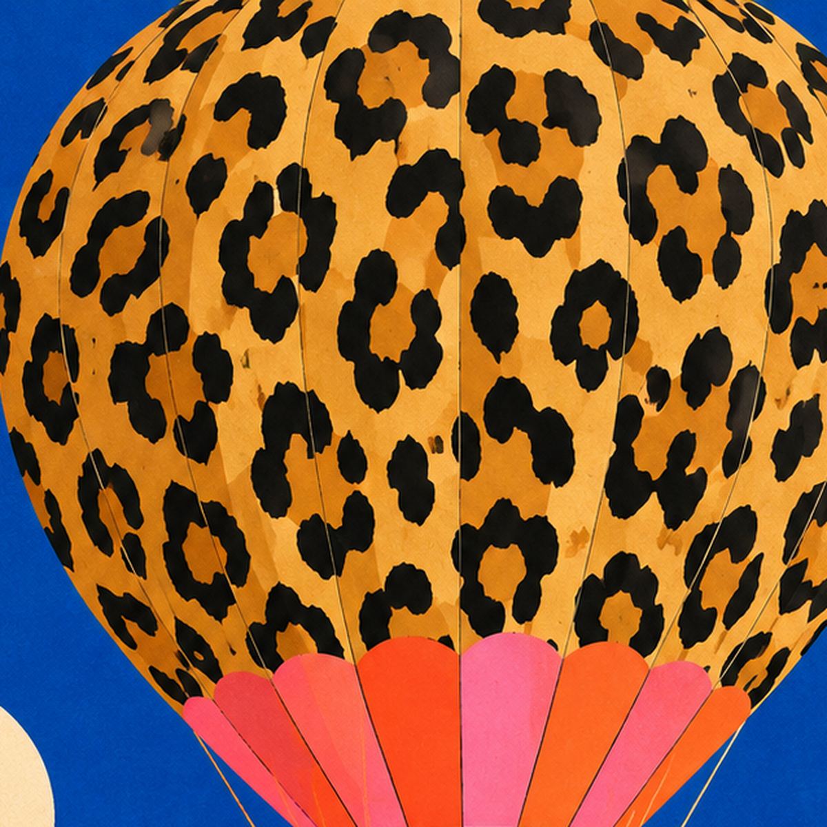 Leopar Desenli Balon ve Maceracı Kedi Dijital Poster — baskının yakın çekimi, kâğıt dokusu ve renk detayı