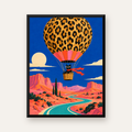 Leopar Desenli Balon ve Maceracı Kedi Dijital Poster — Dikey baskı, düz siyah çerçeveli duvar posteri