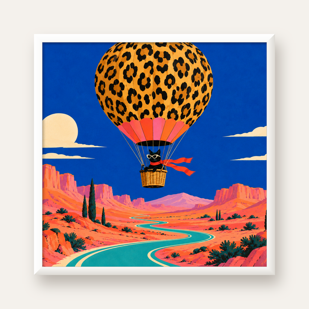 Leopar Balonla Uçan Kara Kedi — beyaz çerçeveli kare poster