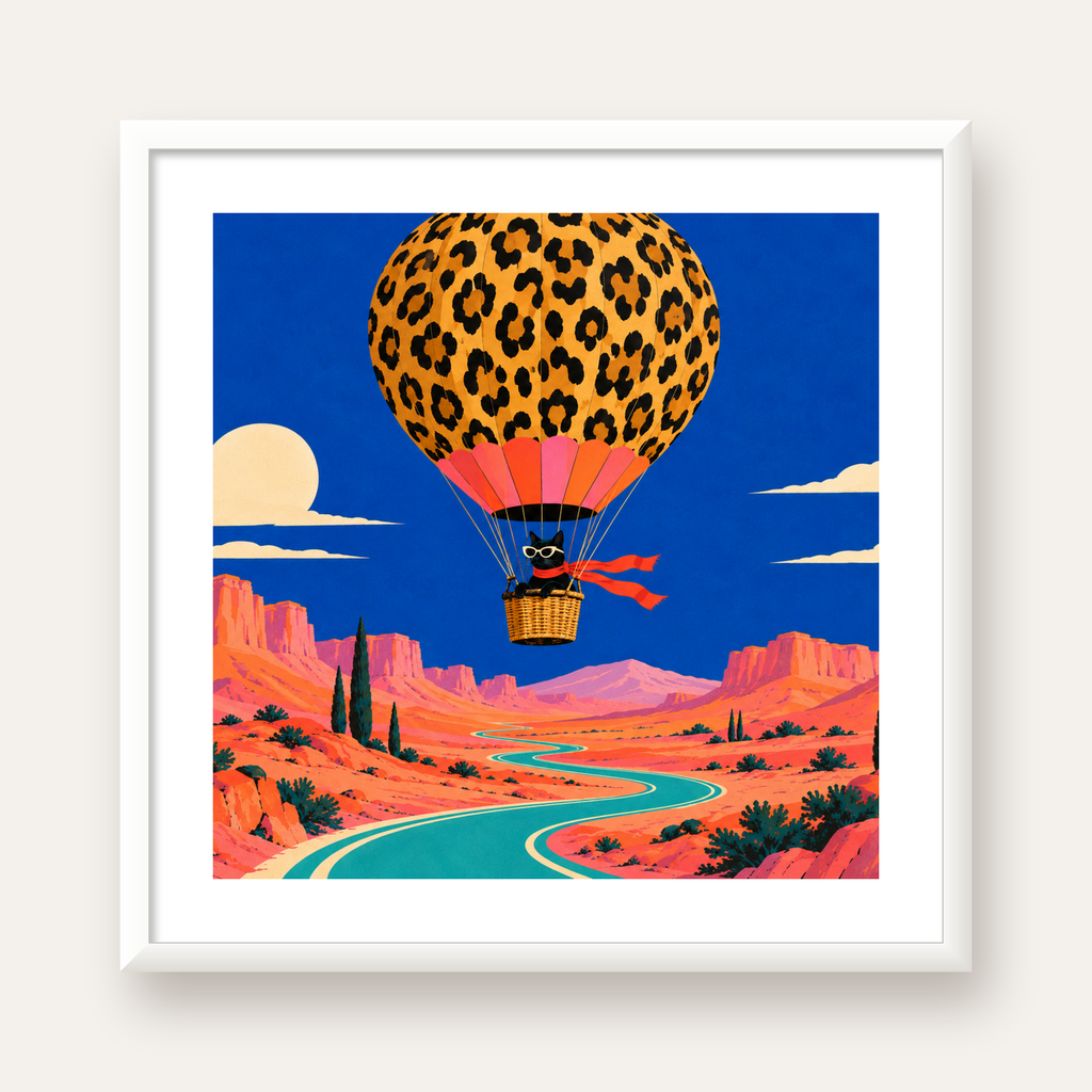 Leopar Balonla Uçan Kara Kedi — beyaz çerçeveli kare poster