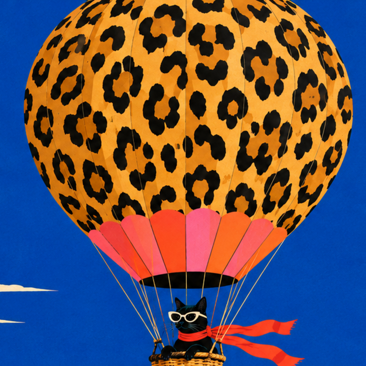 Leopar Desenli Balon ve Maceracı Kedi Dijital Poster — baskının yakın çekimi, kâğıt dokusu ve renk detayı
