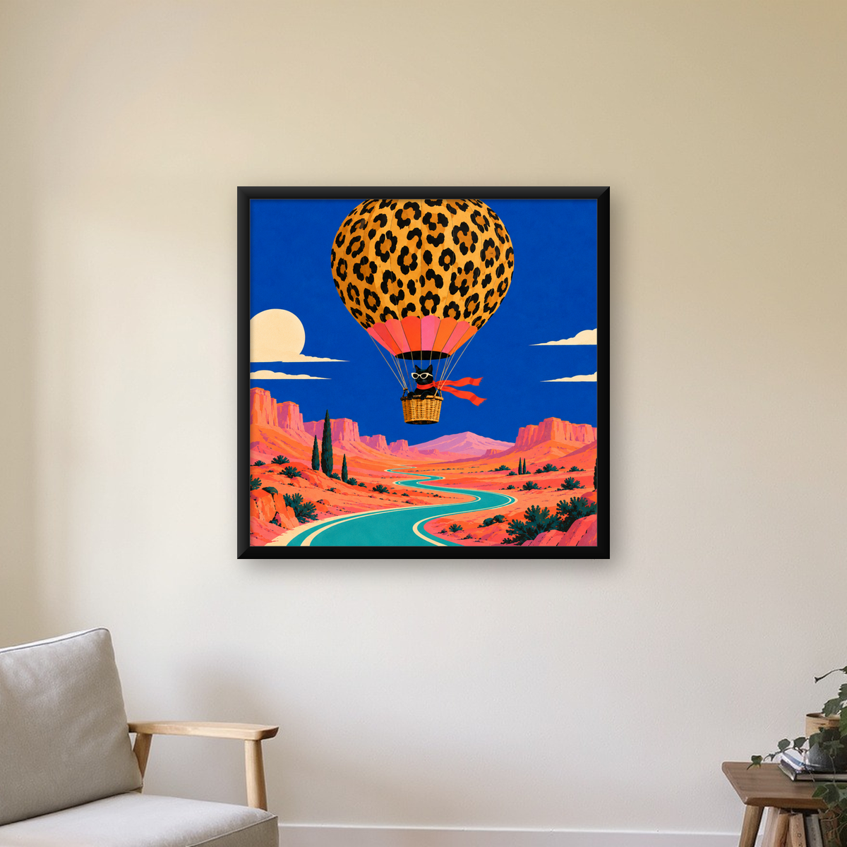 Leopar Desenli Balon ve Maceracı Kedi Dijital Poster — Kare baskı, çerçeveli hâliyle bir ev duvarında