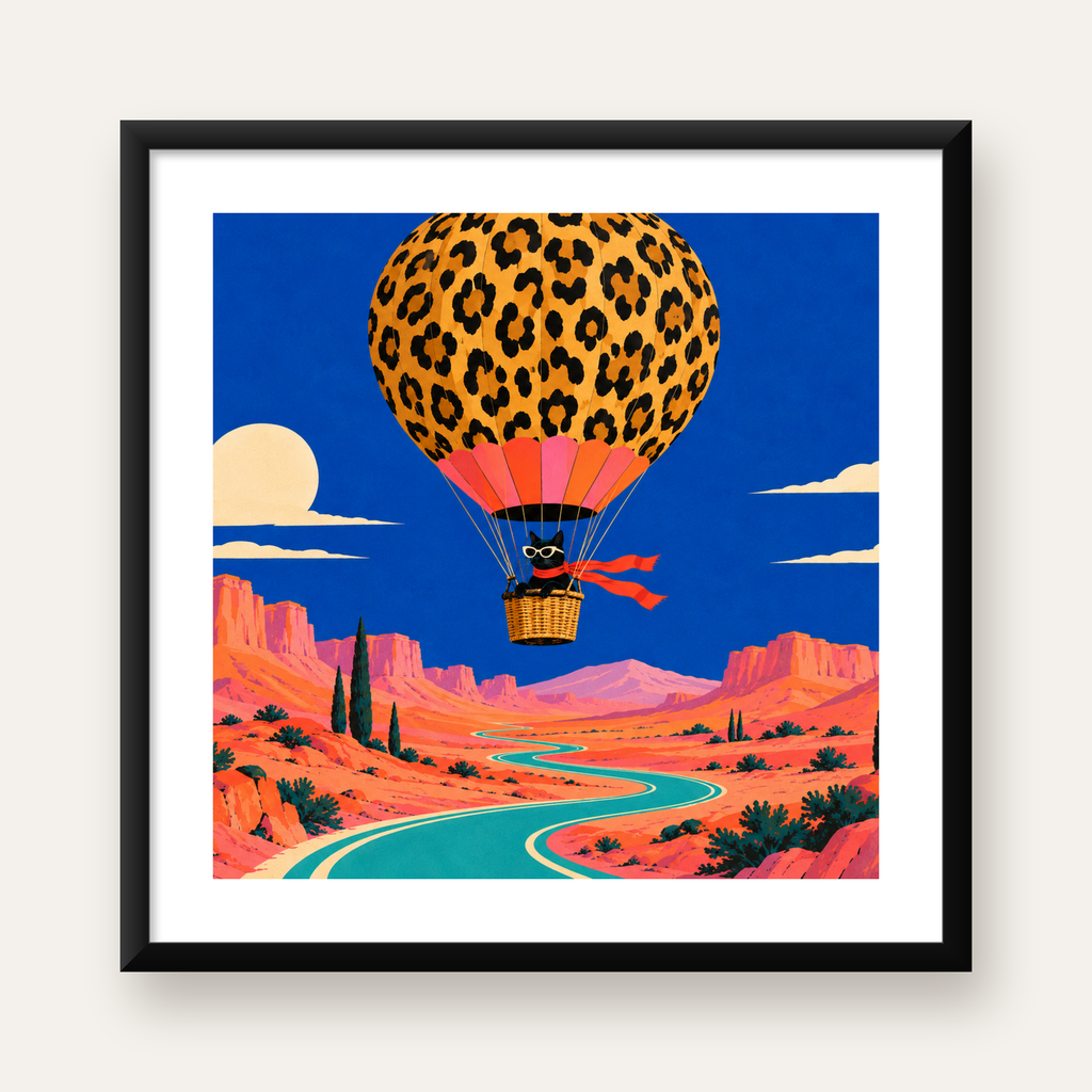 Leopar Desenli Balon ve Maceracı Kedi Dijital Poster — Kare baskı, beyaz kenar boşluklu