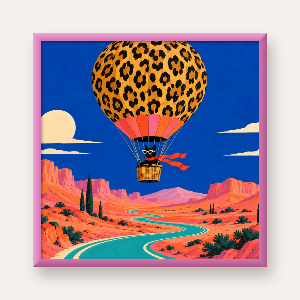 Leopar Balonla Uçan Kara Kedi — pembe çerçeveli
