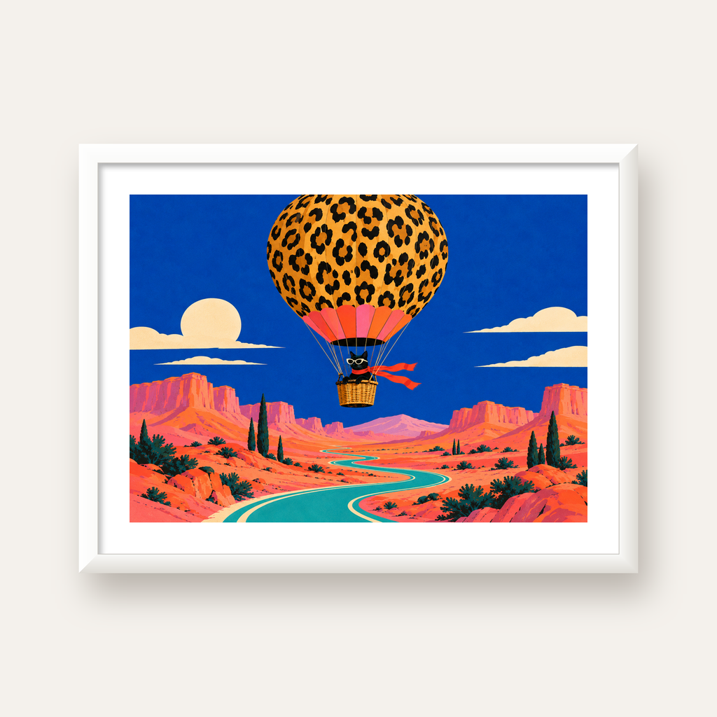 Leopar Balonla Uçan Kara Kedi — beyaz çerçeveli yatay poster
