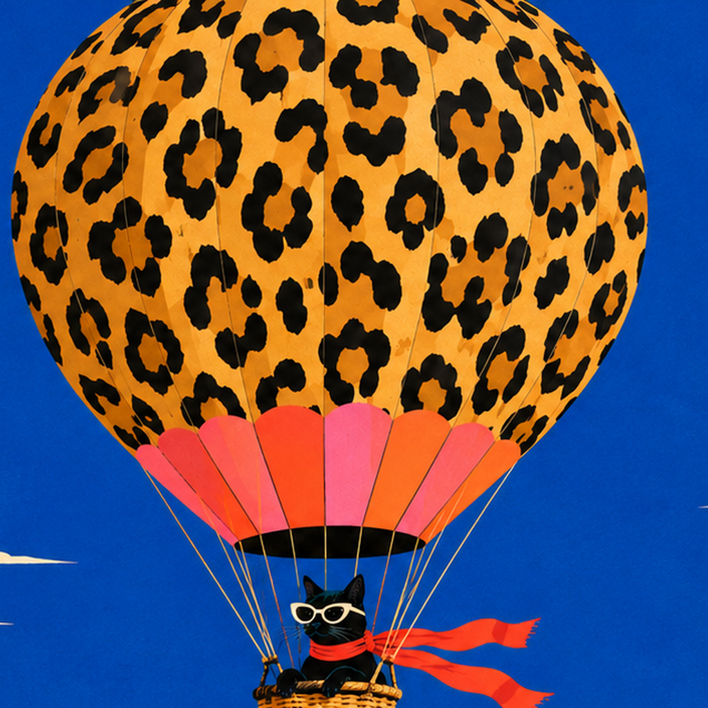 Leopar Desenli Balon ve Maceracı Kedi Dijital Poster — baskının yakın çekimi, kâğıt dokusu ve renk detayı
