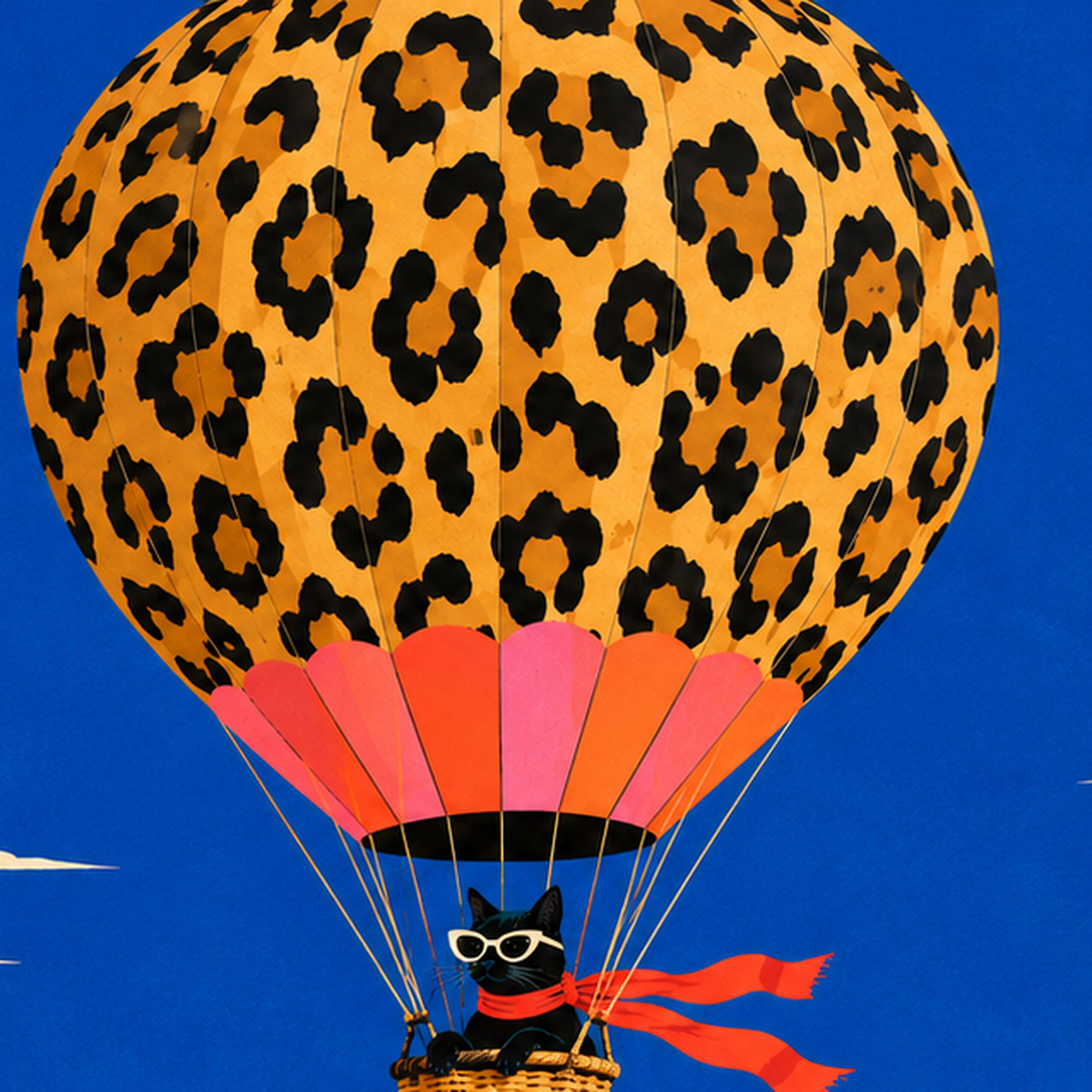 Leopar Desenli Balon ve Maceracı Kedi Dijital Poster — baskının yakın çekimi, kâğıt dokusu ve renk detayı