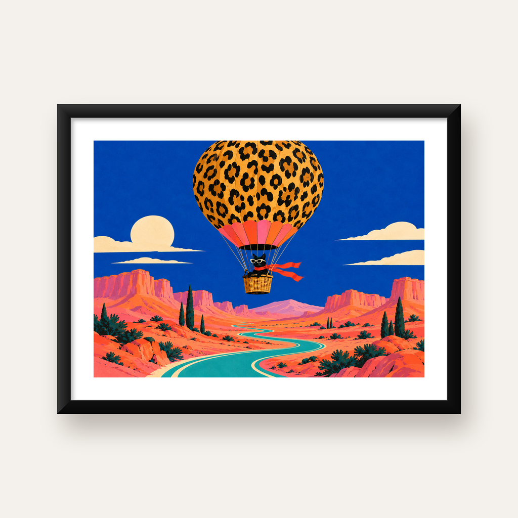 Leopar Desenli Balon ve Maceracı Kedi Dijital Poster — Yatay baskı, beyaz kenar boşluklu
