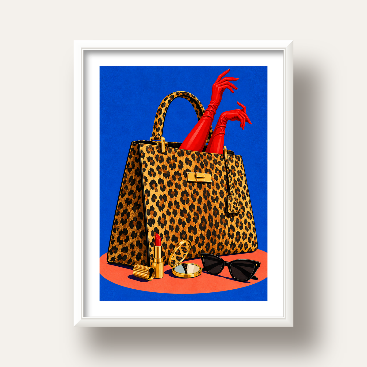 Leopar Çanta ve Kırmızı Eldivenler — beyaz derin çerçeveli paspartulu