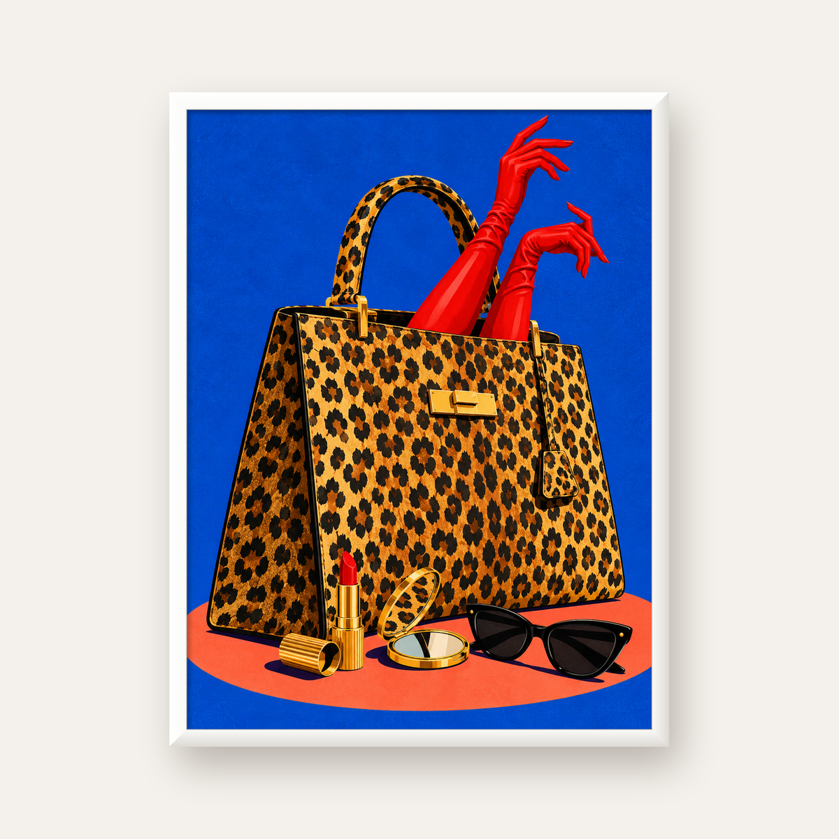 Leopar Çanta ve Kırmızı Eldivenler — beyaz çerçeveli dikey poster