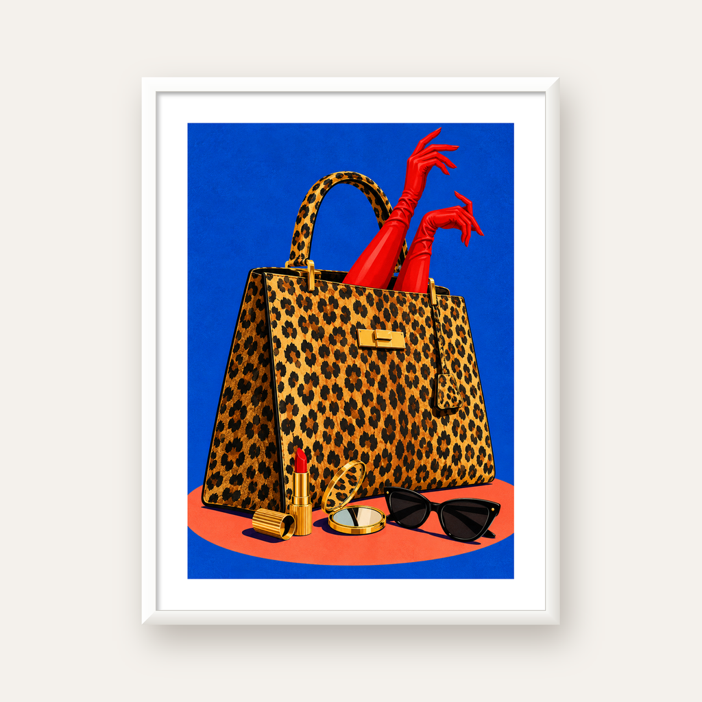 Leopar Çanta ve Kırmızı Eldivenler — beyaz çerçeveli dikey poster