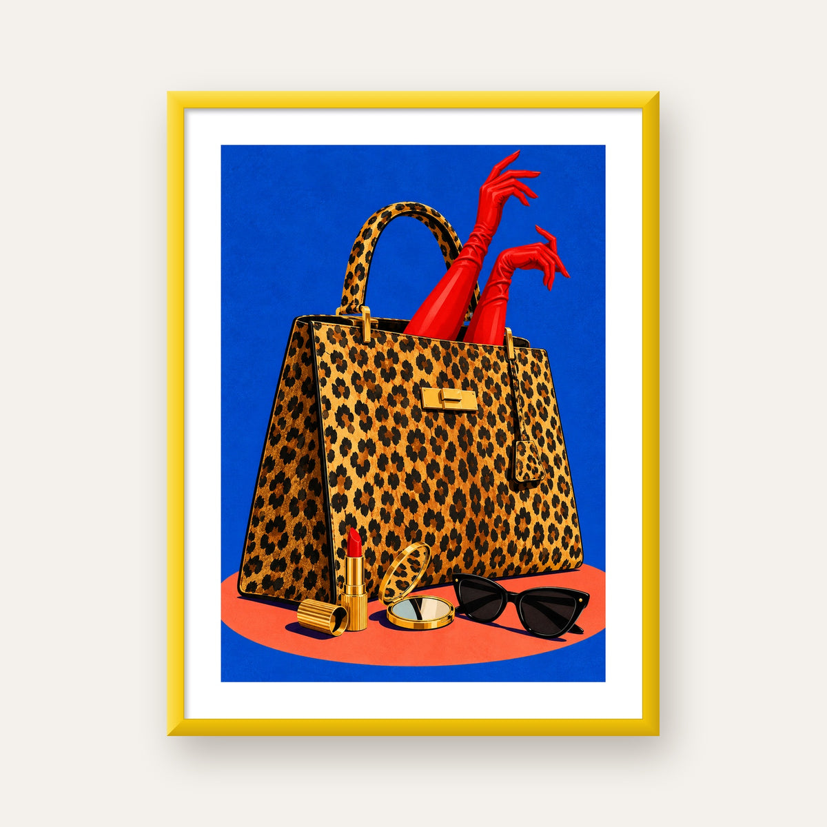 Leopar Çanta ve Kırmızı Eldivenler — sarı çerçeveli paspartulu